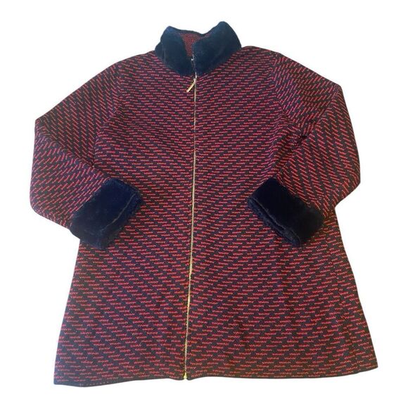 BLACK RIVET WOMENS LONG KNIT BLACK RED ZIP UP SWEATER AUTUMN COAT FAUX FUR~M - Picture 3 of 9